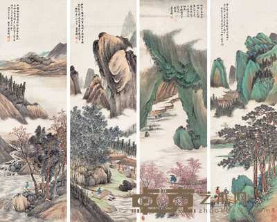 吴谷祥 1890年作 叠翠碧山屏 四屏 109×32.5cm×4